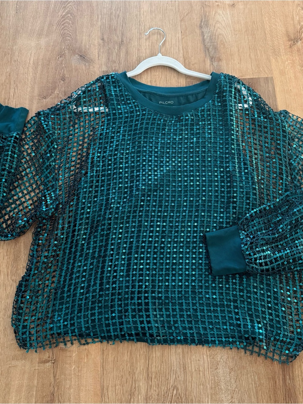 Anthropologie Pilcro Long Sleeve Sequin Shine Crew Neck Top Balloon Sleeve XL